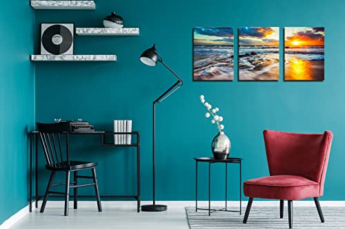 Canvas Wall Art Beach Sunset Ocean Waves Nature Pictures Hd Prints 3 Pieces Stretched Canvas Wooden Framed Artwork For Living Room Bedroom And Office Living Room Wall Decor Size:12"X16"X3 #TOP5