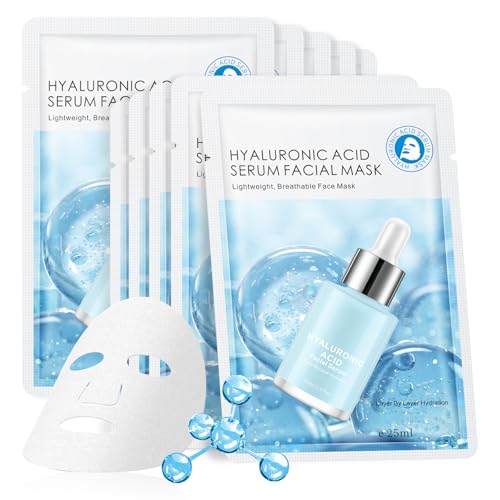 Hyaluronic Acid Face Masks Skincare, Hydrating Sheet Masks for Face, Facial Mask for All Skin Types - Hydrates & Moisturizes Skin, Daily Facial Sheet Mask for Women, Pack of 10