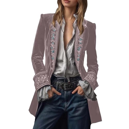 Generisch Chaqueta retro de terciopelo de encaje de manga larga para mujer, chaqueta informal con bordado floral, blusa elegante para invierno (rojo, S)