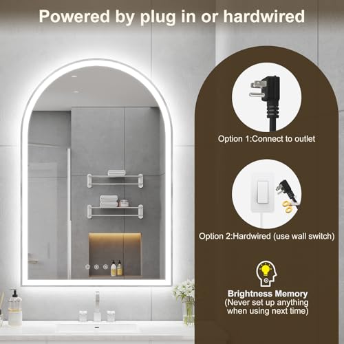 Image of Arched LED Mirror for Bathtoom 24 inchx36 inch, Silver LED Bathroom Mirror with Lights-Fogless, Dimmable, Shatterproof, Touch Sensor, 3 Color Changing
