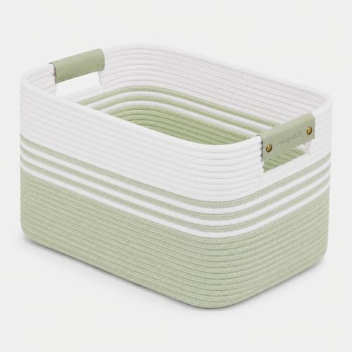 Image of 25.4GAL Collapsible Cotton Rope Extra Large Storage Basket For Bedroom Closet, Boho Rectangular Short Hamper Woven Storage Baskets for Living Room Throw Pillows Blankets Dirty Clothes, White Green