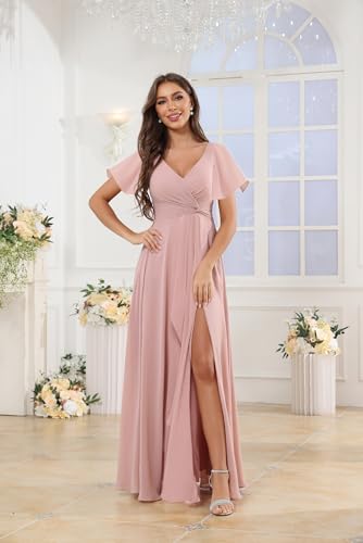 Women's Flutter Sleeve Bridesmaid Dresses for Wedding with Ruffle Chiffon V-Neck Evening Formal Gown with Slit4
