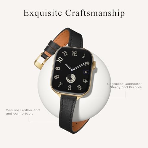 Image of STIROLL Slim Leather Bands Compatible with Apple Watch Band 49mm 46mm 45mm 44mm 42mm(Series 3 2 1), Top Grain Leather Watch Thin Wristband for iWatch Ultra SE Series 11 10 9 8 7 6 5 4(Black Gold)