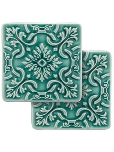 Hand-Painted Portuguese Pottery Ceramic Square Coasters Azulejo – Set of 2 (Turquoise)