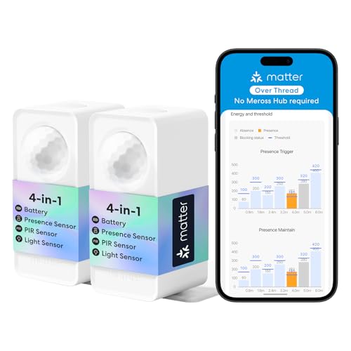 Image of meross Matter Presence Sensor MS605, Battery-Powered 4-in-1 Smart Motion Sensor with AI Learning, IP67 PIR & Light & mmWave Radar, Matter Over Thread, Supports Home Assistant, HomeKit, Alexa (2 Pack)