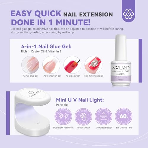 SAVILAND Gel Nail Kit with U V Light: Gel Nail X Kit with Nails Glue Easy At Home Nail Kit 500Pcs Short Coffin Nail Tips and Nail Drill 4-in-1 Glue Gels 15ML Mini U V Nail Lamp For Manicure