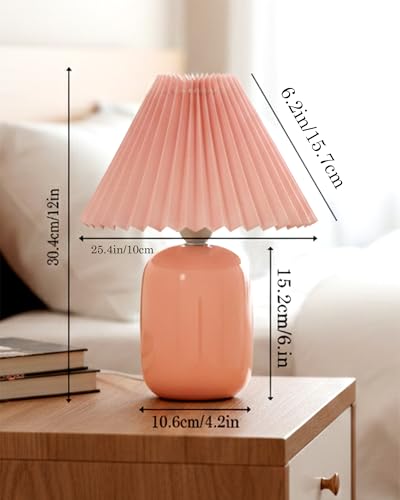Image of Homesake Modern Small Ceramic Table Lamp, Classic Bedside Desk lamp for Living Room Bedroom, Farmhouse Nightstand Lamps Side Table Lamp Kids Room Glossy Dovel, Pink Pleated Shade