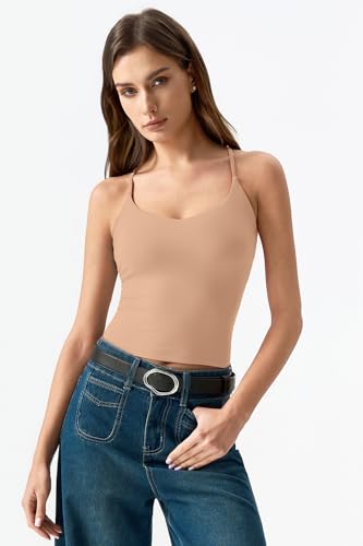 Image of QINSEN Womens Cross Back Tank Top V Neck Double Lined Camisole Top Sleeveless Spaghetti Strap Going Out Tops