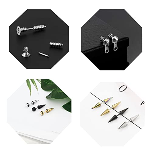 5 Pairs Punk Style Stainless Steel Black Tone Geometric Triangle Rivet Surgical Huggie Hoop Earrings Screw Nail Stud Earrings Gift for Men Women Teen3