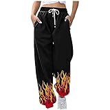 Women's Cinch Bottom Sweatpants Elastic Waist Drawstring Palazzo Pants Flame Printed Baggy Joggers Pant with Pockets Womens Capri Pants for Summer 2024 Hose Damen Weites Bein Black