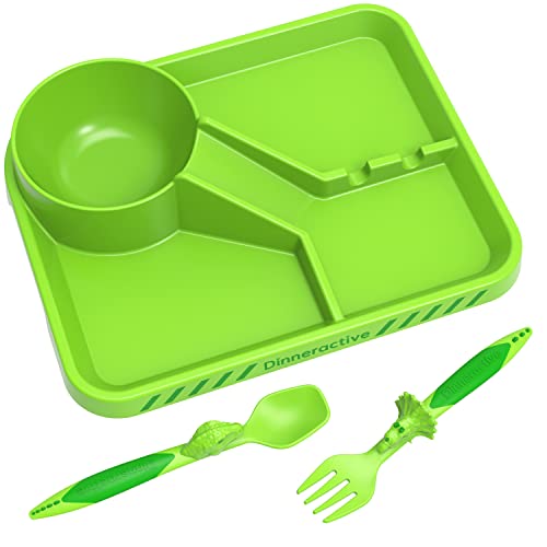 Dinneractive Dining Set For Kids - 3PC Green Dinosaur Dinnerware - Dinosaur Utensils - Toddler Plates - Baby Dishes