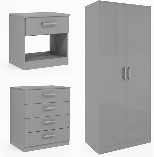 High Gloss Bedroom Furniture Set with Wardrobe, Bed Side Table, and Chest of Drawers for 3 Piece Bedroom Storage in Black, White, Black White or Grey (Grey)