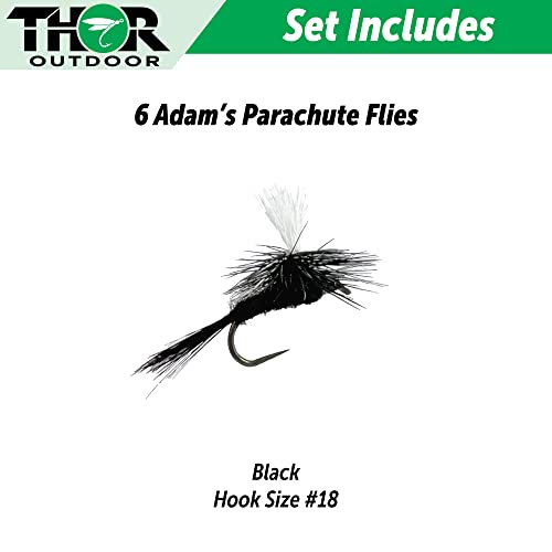 Thor Outdoor Adams Parachute Dry Fly - 6 Pc Set - Black, Hook Size #18 - Simple, Effective Fly Fishing Flies For Trout, Bluegill, Freshwater Panfish #TOP2
