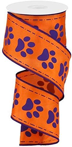 Paw Print Wired Edge Ribbon, 10 Yards (Orange, Purple, 2.5 Inches