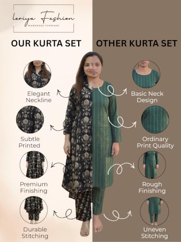Image of Leriya Fashion Women's Cotton Printed A-Line Kurti Pant Set | Abstract Leaf & Floral Kurta with Trouser Pant | Casual Ethnic Co-ord Set for Women Stylish | Elegant Anarkali Style Tunic Kurta Set