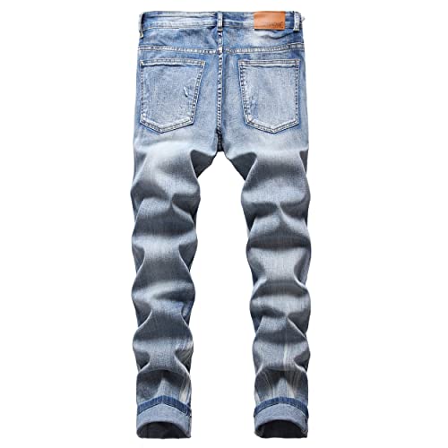Junbaoss Men's Stretch Distressed Destroyed Straight Fit Washed Denim Jeans Mens Ripped Jeans Skinny Jeans For Men Slim Fit Distressed Light Blue Ripped Jeans For Men #TOP1