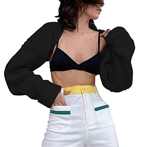 Image of Women Long Sleeve Open Front Ribbed Knit Crop Cardigan Solid Loose Drop Shoulder Shrug Bolero Crop Sweater Top