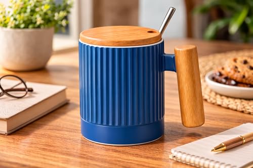 Image of Coffee Mug, Gift for Woman, Birthday Present for Girlfriend, Present for Wife Birthday, Mugs for Present, Holi Gifts, Panda Mug with Lid & Spoon (Fluted Blue)