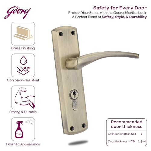 Image of Godrej Mortise Lock | BM 01 Handle Lock Set | 200mm Lockbody | Europrofile Cylinder 60mm Knob from Inside | for Home & Office | Antique Brass Finish | 3 Keys | Double-Throw Deadbolt | 5 Year Warranty