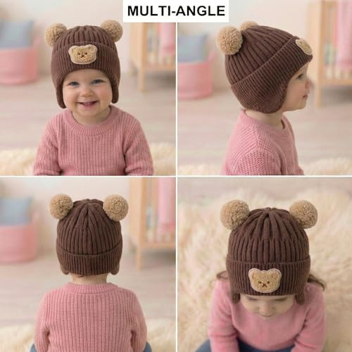Image of Kraptick Children's Pompom Winter Warm Caps for Toddlers & Kids, Soft Knitted Beanie with Warm Earflaps, Cute Teddy Bear Design, Unisex Baby Woolen Hat-2