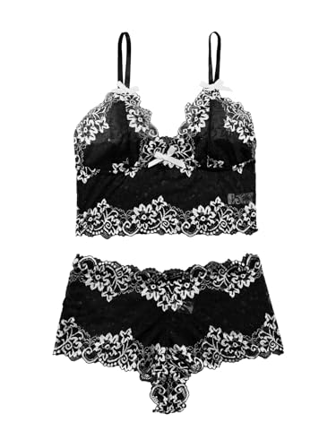 Image of Lilosy Sexy Lingerie for Women Lace Pajamas Set Cami Bra and Panty High Waist Sheer Sleepwear 2 Piece 2XS-6XL