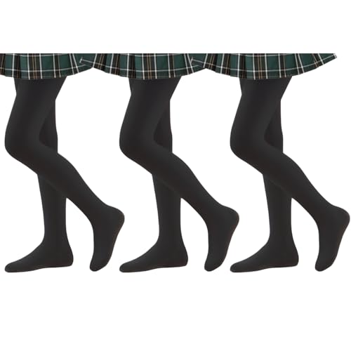 3 Pairs Girls Tights Kids Microfiber School Uniform pantyhose Tights for Schoolwear Ballet Dance Age Black 11-13 Years
