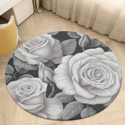 Alfombra redonda gris de 60 cm lavable con diseño de rosas 7