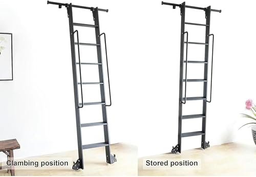 Rolling Library - Kit de riel de escalera con rodillo superior telescópico y ruedas de suelo con frenos para escalera deslizante