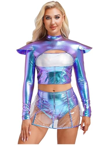 Yihuimin Damen Alien Kostüm Space Girl Kleid Halloween Metallic Oberteil Mini Rock Cosplay Set Festival Outfit Fasching Kostüm Clubwear Bunt S