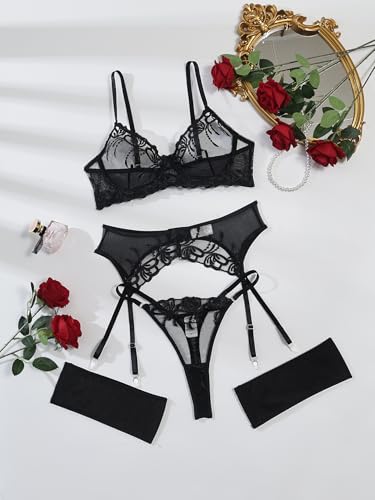 Image of Lilosy Sexy Leaf Floral Embroidered Mesh Sheer Women Underwire Push Up Lingerie Set
