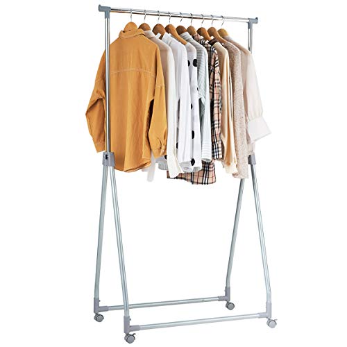 Tangkula Extendable Garment Rack, Heavy Duty Foldable Clothes Rack with Adjustable Hanging Rod, Rolling Clothes Hanger for Home Office (Silver)