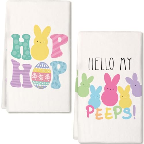 GEEORY Easter Kitchen Towels Set of 2,18x26 Inch Colorful Bunnies Dish Cloths -Hip Hop & Eggs Farmhouse Design,Spring Holiday Hand Towels for Easter Decor & Gifting