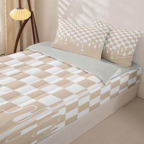 Image of Beige Tan Checkered Zipper Bedding Twin - 4 Piece Zip Up Comforter & Fitted Sheet Set with 2 Pillowcases, Bed in a Bag for Boys & Girls,Checkerboard Drip Grunge Aesthetic Geometric All Season
