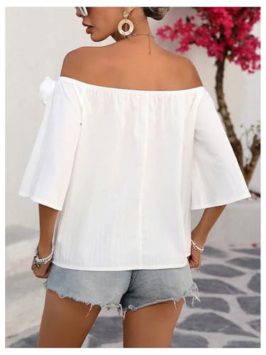SHENHE Women's Off Shoulder 3D Flower Rosette Half Sleeve Blouse Summer Going Out Top2