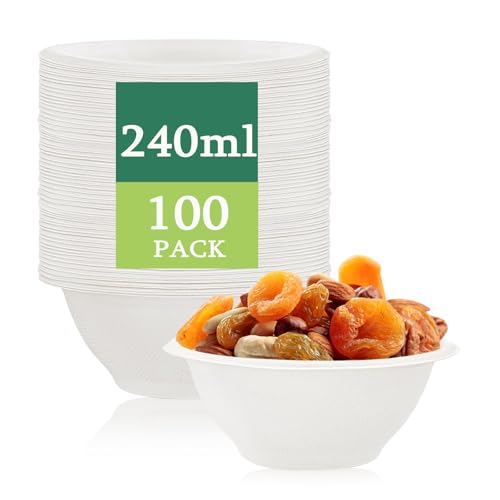 ECOSTAR Cuencos Desechables, Cuencos Rígidos de Bagazo,Vajilla desechable Biodegradable extrafuerte de Color Blanco,Alternativa Natural al Plástico, Para Fiestas/Picnics/Hogar (100, 240ML)