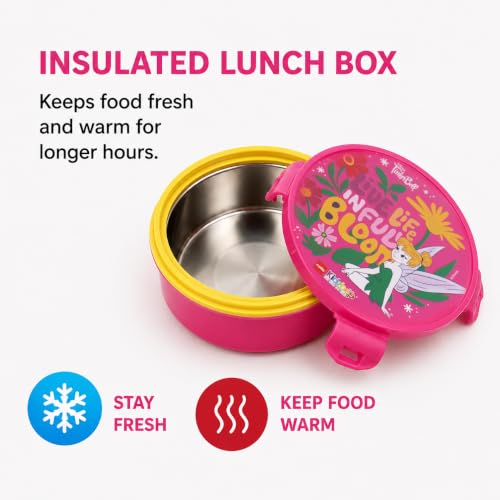 Image of CELLO Kidzbee Star Gift Set Combo for School Kids Pink | 3D Touch & Feel Tinkerbell Design Airtight Clip Lock Insulated Lunch Box 390ml with Leak Proof Flip Top Sipper Water Bottle for Kids Boys Girls