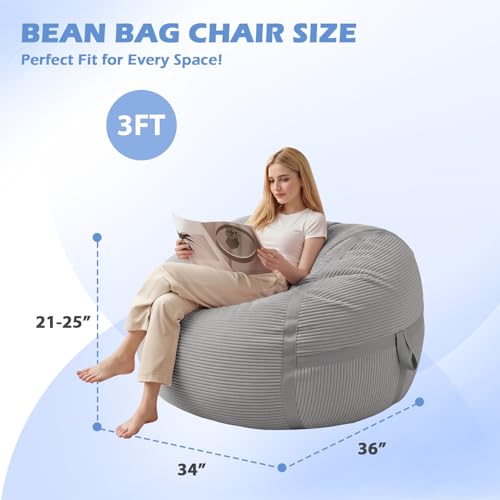 Image of 3FT Bean Bag Chair 3'Big Bean Bag Chairs with Adults, Large Beanbag Chair | Bean bags with Machine Washable Cover Corduroy Fabric, Comfy Chairs for Living Room, Bedroom, Dorm, Lightgrey
