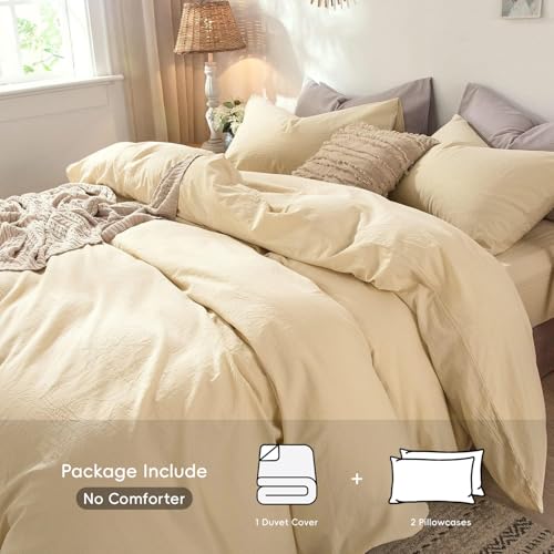 Image of MooMee Duvet Cover Set 100% Washed Cotton Linen Like Queen | Relaxed Linen-like Texture. Soft, Breathable & Long-lasting Comfort. Lightweight. Hidden Zipper with 8 Interior Corner Ties