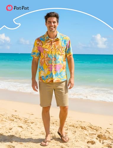 Image of PATPAT Family Hawaiian Matching Outfits - Mommy and Me Vacation Outfits | Halter Sundresses and Button Down Shirts,Caribbean Vacation Summer Tropical Outfits,Hawaiian Boho Tropical Floral Printed