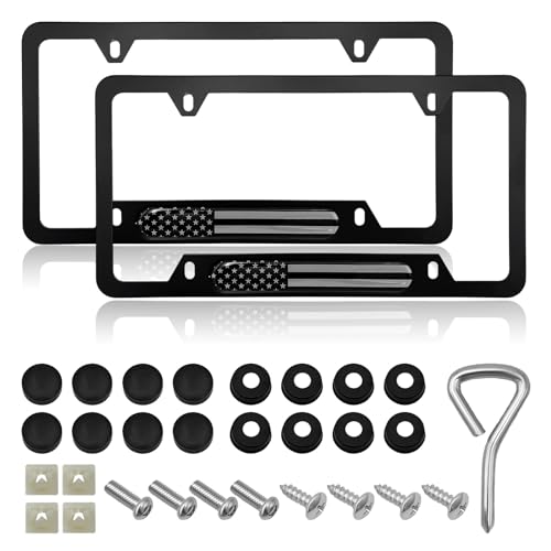 Image of 2 PCS Flag License Plate Frame, American Flag Patriotic Stainless Steel Auto Plate Cover, Vintage US Rust-Proof Vehicle License Plate Holder, Universal Car Accessories (Black)