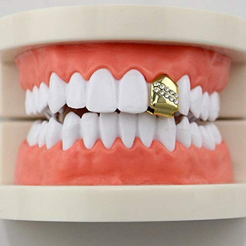 JUNwd Hiphop Single Diamond Gold Dental Grillz Upper and Lower Grille Gold Tooth Bracket Jewelry Punk Cap Cosplay Party Teeth Gift Jewelry,Gold