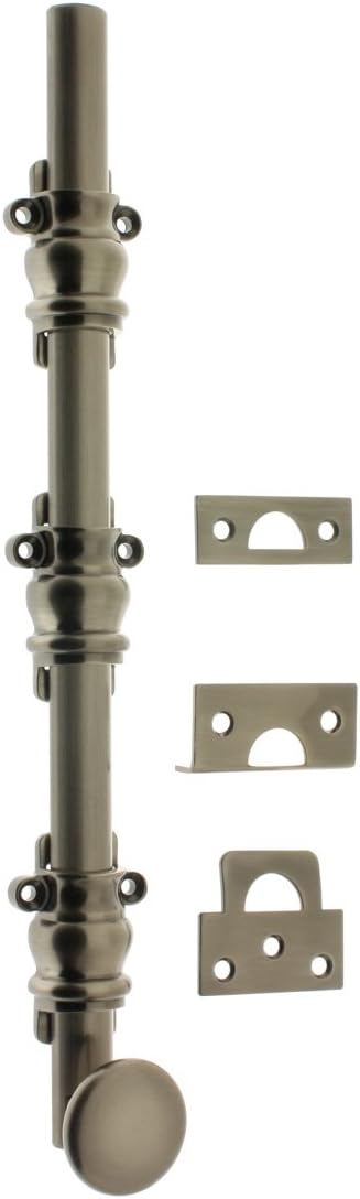 idh by St. Simons 11208-15A Premium Quality Solid Brass Round Knob Ornamental Surface Bolt with 2" Barrel Guide, 12-Inch, Antique Nickel