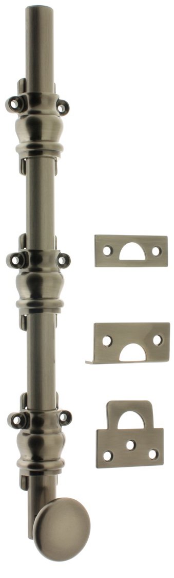 idh by St. Simons 11208-15A Premium Quality Solid Brass Round Knob Ornamental Surface Bolt with 2" Barrel Guide, 12-Inch, Antique Nickel by IDH by St. Simons - Used condition - US$24.32