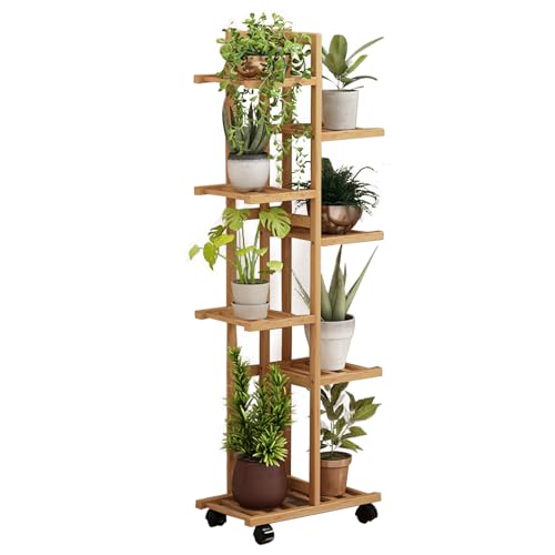NIELHYUN フラワースタンド 花台 プランタースタンド 竹製 ガーデニング 多肉植物スタンド キャスター付き 移動ラクラク 園芸ラック 観葉植物 多肉 鉢植えスタンド 花瓶置き台 室内 簡単組立 おしゃれ プランターラック (7段)