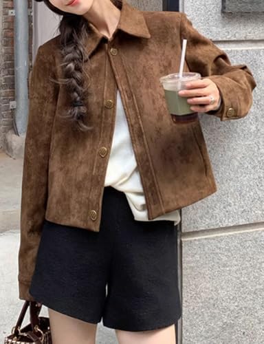 IDEALSANXUN Cropped Suede Jacket Women Fall Winter Casual Vintage Leather Aviator Jackets Outerwear4