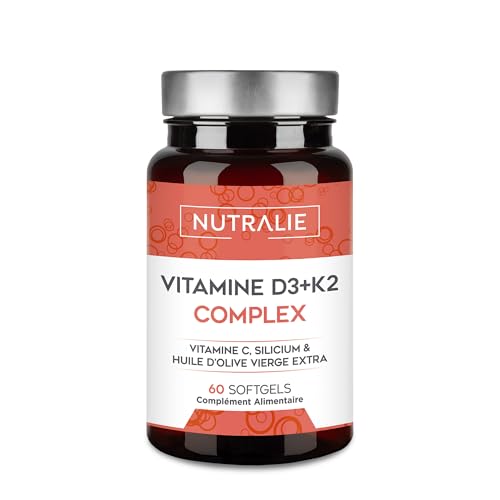Vitamine D3 et K2 10000 UI - Immunité Os Muscles - Vitamine D3 K2 MK7 avec Vitamine C et Huile d'Olive Extra Vierge - 60 gélules Vitamine D Complex Nutralie