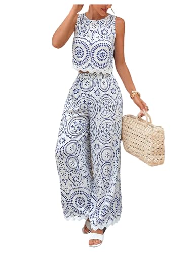 WDIRARA Women's Boho 2 Piece Pants Outfits Sleeveless Crop Tank Top Set