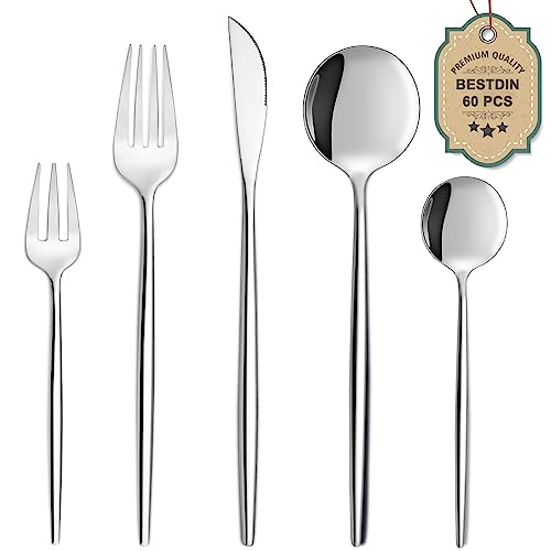 Bestdin Set di posate per 12 persone,60 pezzi in acciaio inox, con coltelli, forchette, cucchiai, lavabili in lavastoviglie