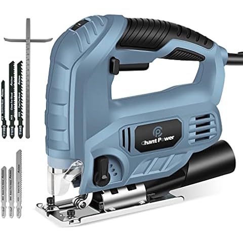 C P CHANTPOWER Jigsaw Tool, 600W 800-3000 SPM Jig Saw with 6 Variable Speed, 4 Orbital Sets, 6 T-Shank Saw Blades, Scale Ruler, ±45°Bevel Cutting Angle Cover