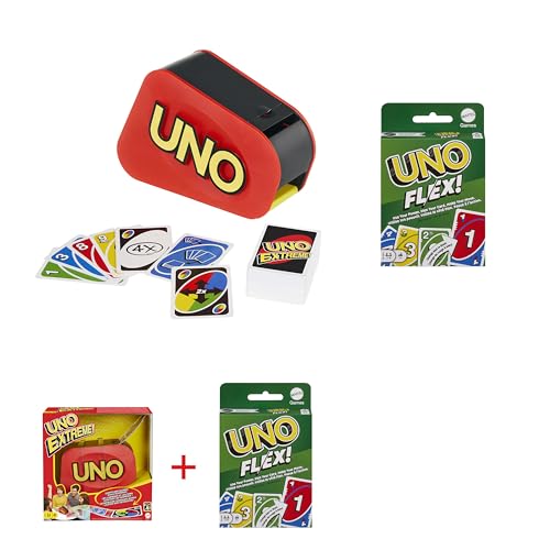 Mattel Games Bundle Pack - UNO Extreme! Kartenspiel (GXY75) + UNO Flex Kartenspiel (HMY99) mit Zufallsschleuder, Flex-Karten und Powerkarten für 2 bis 10 Spieler ab 7 Jahren